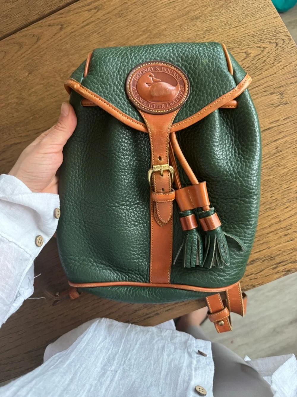 Dooney & Bourke Dark Green Pebbled Leather Backpack with Tan Trim - Picture 1 of 8